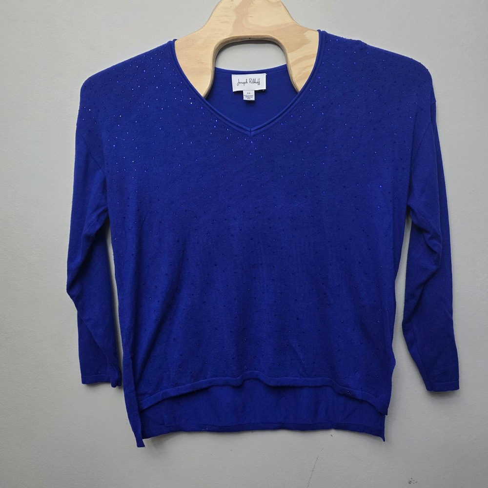 Joseph Ribkoff‎ Knit Top Womens Large Blue V-Neck Rhinestone High-Low Elegant